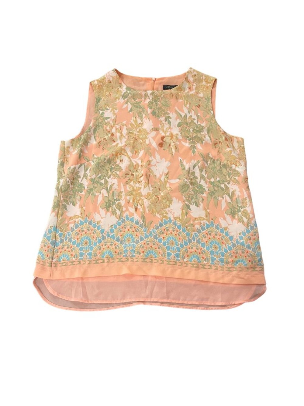 Rose & Olive Floral Sleeveless Blouse Peach Green Blue High-Low Hem Womens M